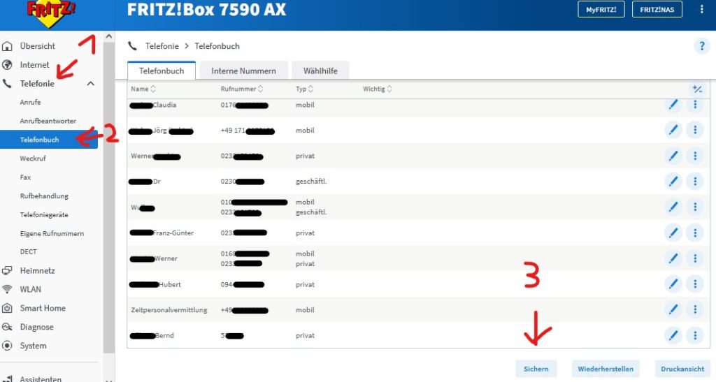 Fritzbox Telefonbuch sichern und exportieren und wiederherstellen